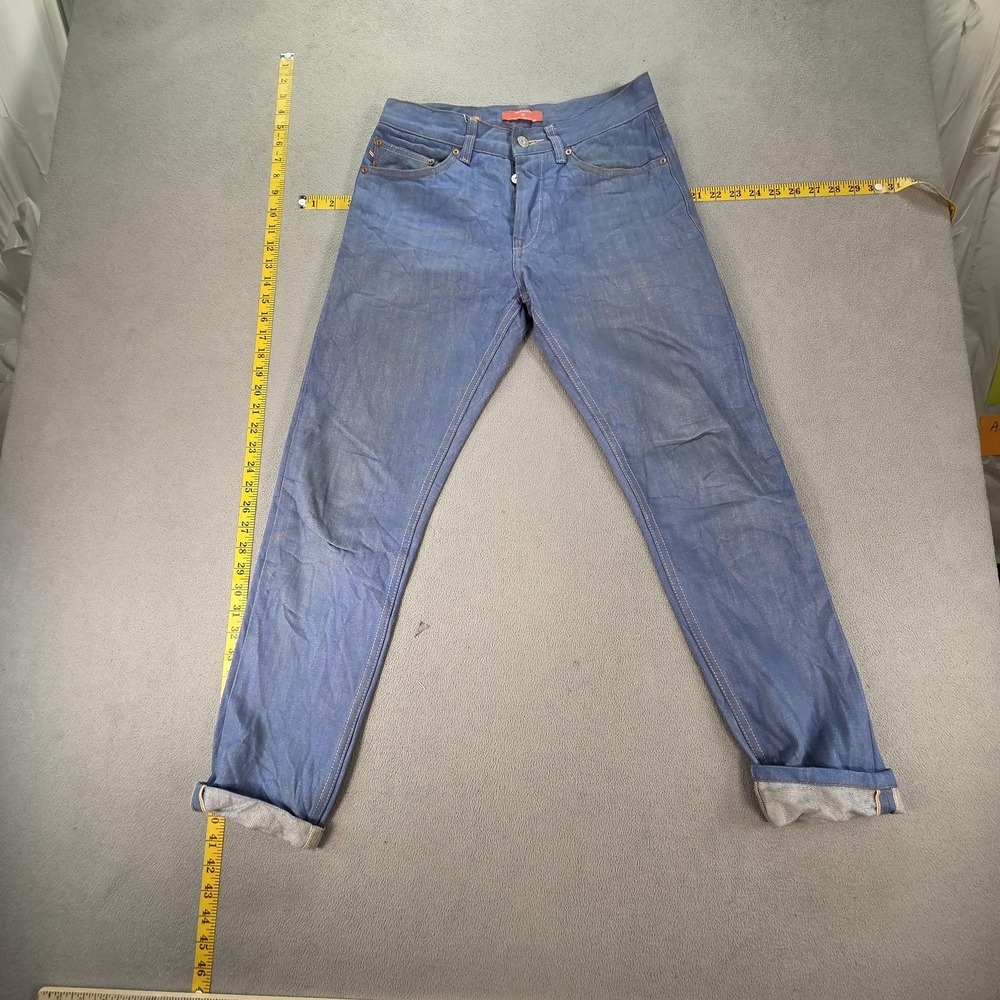 Topman Jeans Mens Blue Selvedge Slim Skinny Button Fly Denim Logo‎ Fits 27x29